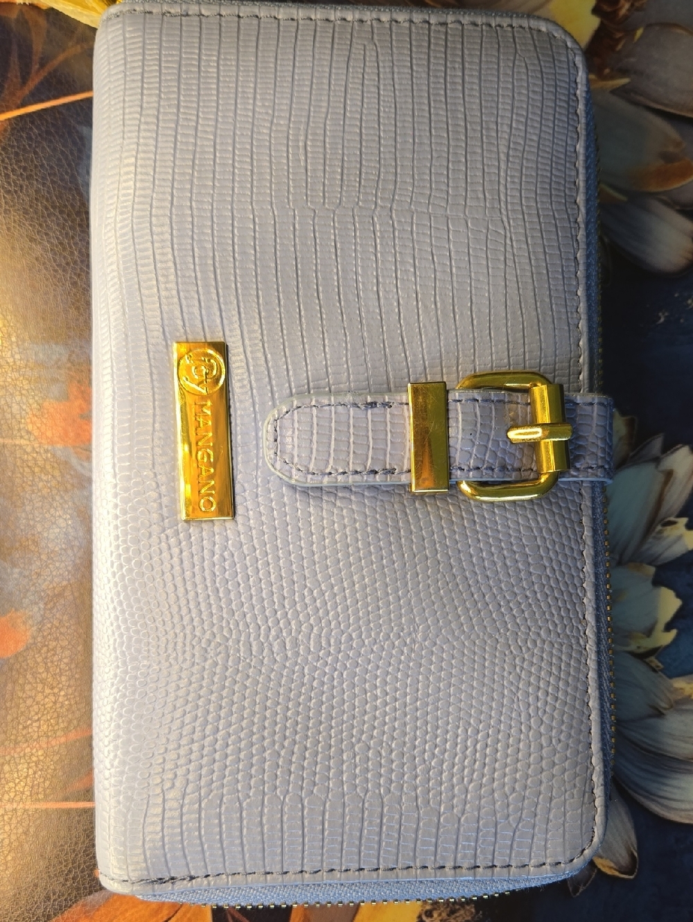 Joy Mangano RFID Lavender Textured  2 Zip Compartment Wallet with Gold Buckle